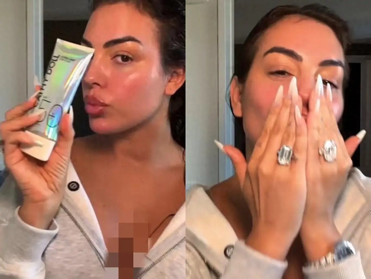 Two creators testing skincare products in front of a mirror