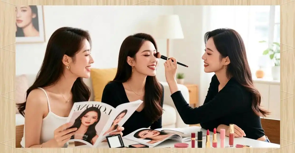 Tiga perempuan melihat majalah sambil saling merias